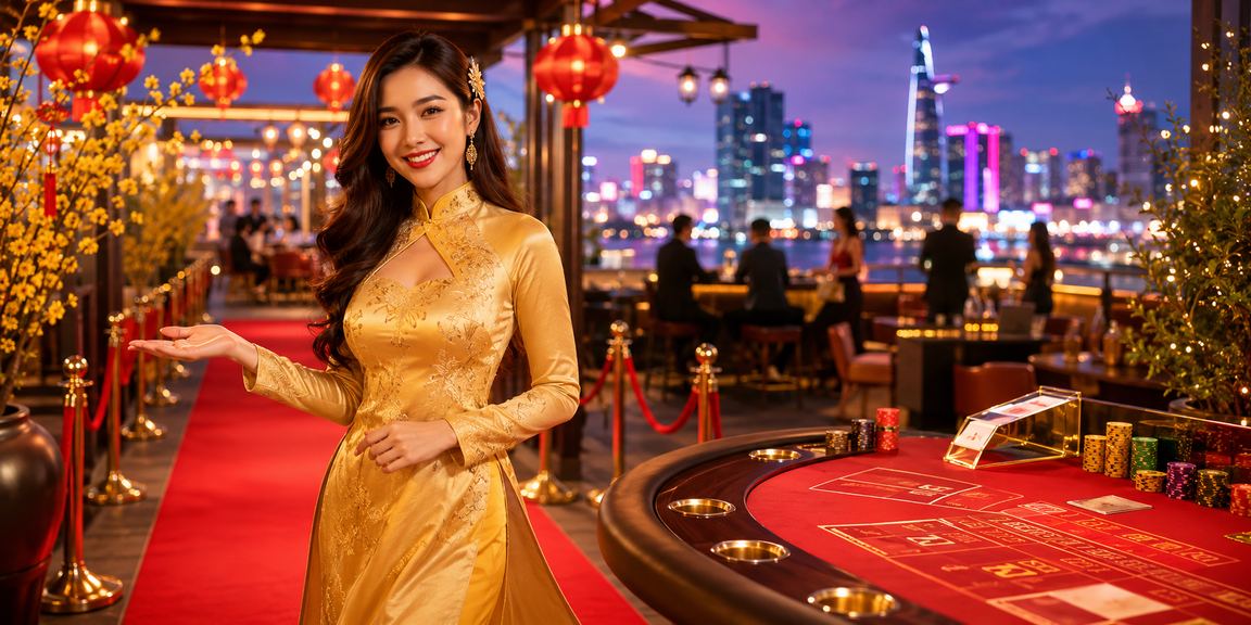 Người chơi bài baccarat tại Hồ Chí Minh trong không gian casino sang trọng với trang phục áo dài