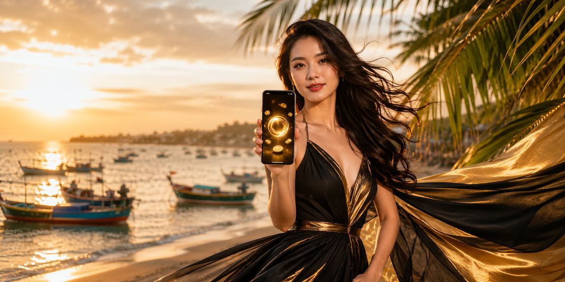 Người dùng tại bãi biển Mũi Né nhận cashback và chơi slots trong kỳ nghỉ hè